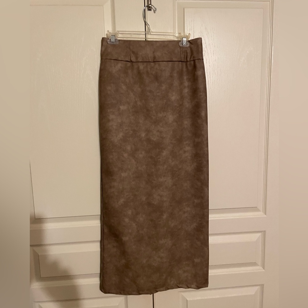 Camel colored faux leather long skirt
